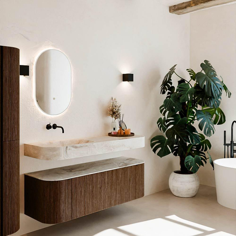 MONDIAZ THOR-DLUX Meuble de salle de bains 140cm arrondi gauche + droite couleur Walnut avec 1 tiroir et 2 portes. Vasque suspendue CLOUD Gauche sans trou de robinet couleur Frappe. SW1463957