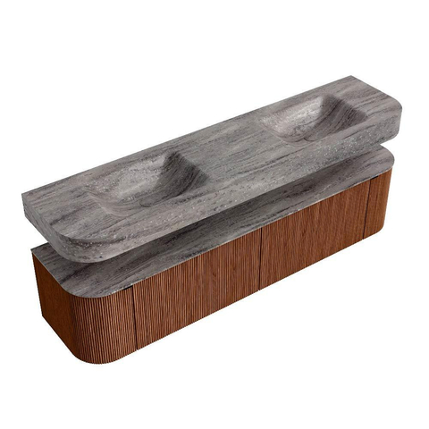 MONDIAZ THOR-DLUX Meuble de salle de bains 190cm arrondi gauche + droite couleur Ruby avec 2 tiroirs et 2 portes. Vasque suspendue CLOUD Double 2 trous de robinet couleur Oza. SW1466654