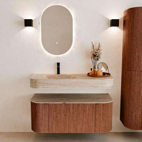 MONDIAZ THOR-DLUX Meuble de salle de bains 110cm arrondi gauche + droite couleur Ruby avec 1 tiroir et 2 portes. Vasque suspendue CLOUD Gauche 1 trou de robinet couleur Saba. SW1463015