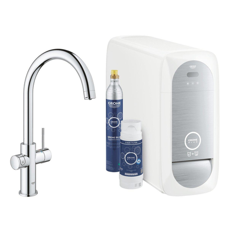 GROHE Blue home Robinet de cuisine 1 trou avec bec duo c starterkit avec wifi bluetooth eau froide et gazeuse 3x eau froide + 3x eau gazeuse chrome SW228367