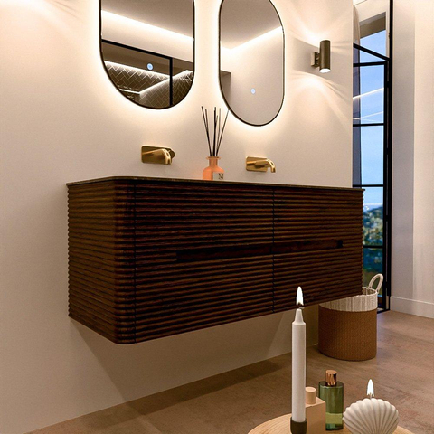 Mondiaz CIRO-DLUX Meuble de salle de bains - 130x45x50cm - lavabo solid surface Lava - 2 vasques double - sans trous de robinet - 4 tiroirs - Noyer SW1530157