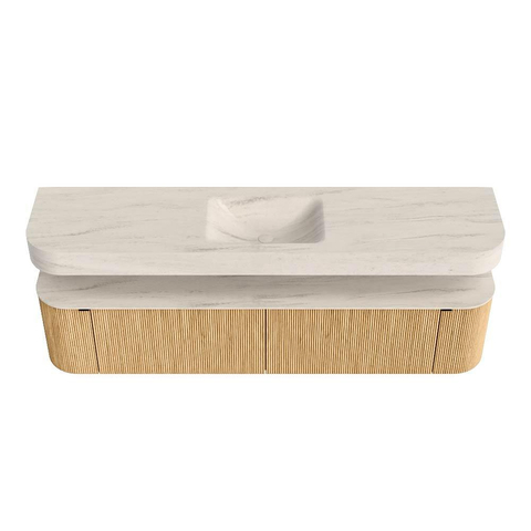 MONDIAZ THOR-DLUX 200cm meuble de salle de bains arrondi gauche + droite couleur Oak avec 2 tiroirs et 2 portes. Vasque suspendue CLOUD Milieu 1 trou de robinet couleur Meli. SW1467094