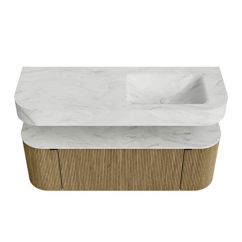 MONDIAZ THOR-DLUX 130cm meuble de salle de bains arrondi gauche + droite couleur Dusk avec 1 tiroir et 2 portes. Vasque suspendue CLOUD droite sans trou de robinet couleur Opalo. SW1463496
