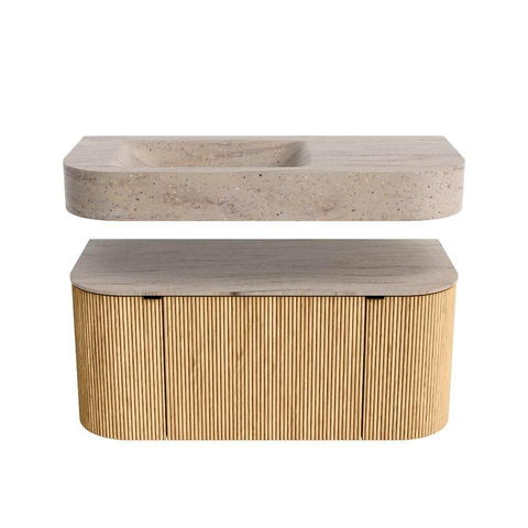MONDIAZ THOR-DLUX 100cm badmeubel ronding links + rechts kleur Oak met 1 lade en 2 deuren. Vrijhangende wastafel CLOUD Links zonder kraangat kleur Saba. SW1467552