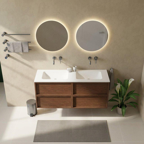 Saniclass Holz Frame Badkamermeubelset - 140x45x77.5cm - Torino solid surface wastafel wit - zonder kraangat - 4 lades - mat walnut pure (hout) SW1579925