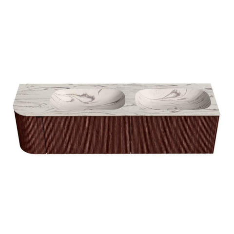 MONDIAZ KURVE-DLUX 165cm meuble de salle de bains arrondi gauche couleur Ruby avec 2 tiroirs et 1 porte. Lavabo STOR SMALL Double / Droite 2 trous de robinet Nata. SW1432592