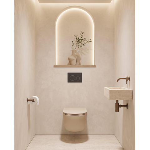 QeramiQ Dely Swirl Ensemble WC - 36.3x51.7cm - réservoir encastré Geberit UP720 Duofix Sigma - abattant slim - plaque de commande noir mat - boutons ronds - beige mat SW1416850