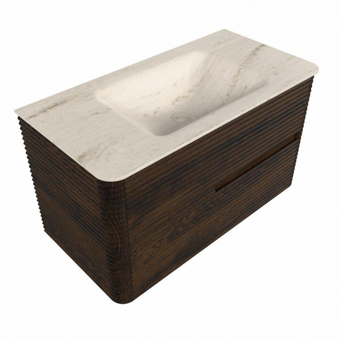 Mondiaz CIRO-DLUX Meuble de salle de bains - 90x45x50cm - Plan vasque solid surface Meli - 1 lavabo au milieu - sans trous de robinet - 2 tiroirs - Noyer SW1530466