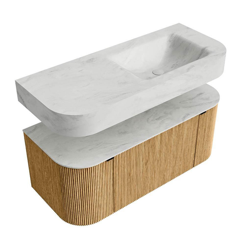 MONDIAZ THOR-DLUX 110cm meuble de salle de bains arrondi gauche + droite couleur Oak avec 1 tiroir et 2 portes. Vasque suspendue CLOUD droite sans trou de robinet couleur Opalo. SW1462758