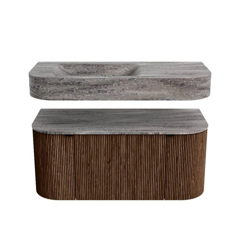 MONDIAZ THOR-DLUX 100cm meuble de salle de bains arrondi gauche + droite couleur Walnut avec 1 tiroir et 2 portes. Vasque suspendue CLOUD Gauche 1 trou de robinet couleur Oza. SW1467578
