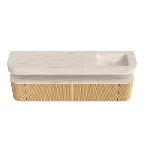 MONDIAZ THOR-DLUX 200cm meuble de salle de bains arrondi gauche + droite couleur Oak avec 2 tiroirs et 2 portes. Vasque suspendue CLOUD Droite 1 trou de robinet couleur Meli. SW1467097