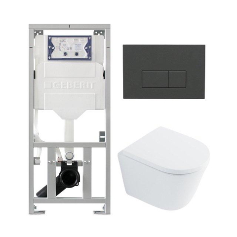 QeramiQ Dely Toiletset - 36.3x51.7cm - diepspoel - rimless - Geberit UP320 inbouwreservoir - met Burda frame - softclose toilet zitting - 35mm - bedieningsplaat antraciet mat - rechthoekige knoppen - glans wit SW1222086