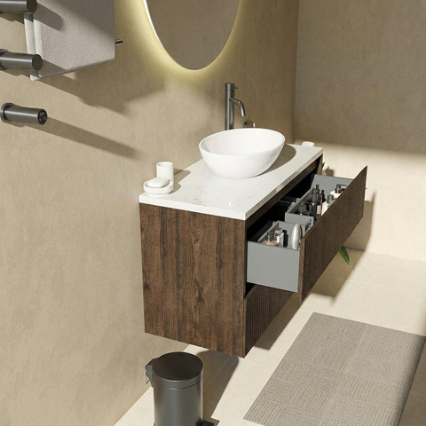 Saniclass Holz Atelier Ensemble de meubles de salle de bains - 100x45x63cm - Plan vasque en marbre Dia poli (blanc) - 1 trou de robinet - 2 tiroirs - chêne charcoal mat (bois) SW1478348