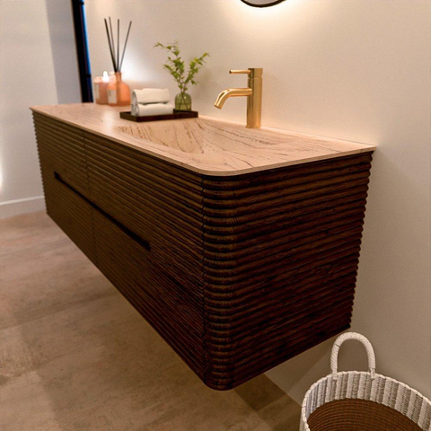 Mondiaz CIRO-DLUX Badkamermeubelset - 150x45x50cm - Solid surface wastafel Arena - 1 wasbak Rechts - 1 kraangat - 4 lades - Walnut SW1530470
