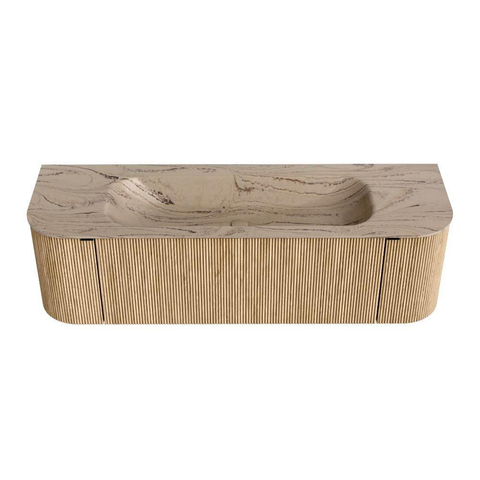 MONDIAZ KURVE-DLUX Meuble de salle de bains 150cm arrondi gauche + droite couleur Oak avec 1 tiroir et 2 portes. Lavabo BIG MEDIUM central 1 trou de robinet Arena. SW1431117