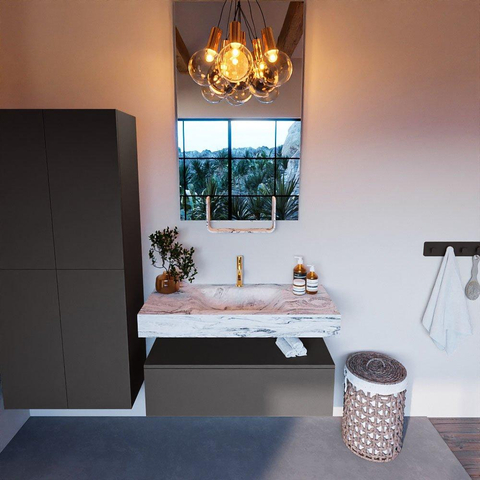 Mondiaz ALAN-DLUX Ensemble de meuble - 100cm - meuble Dark grey mat - 1 tiroir - Lavabo Cloud Glace suspendu - vasque Centre - 1 trou de robinet SW804835
