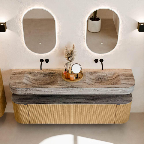MONDIAZ THOR-DLUX 180cm badmeubel ronding links + rechts kleur Oak met 2 lades en 2 deuren. Vrijhangende wastafel CLOUD Dubbel zonder kraangat kleur Oza. SW1466295