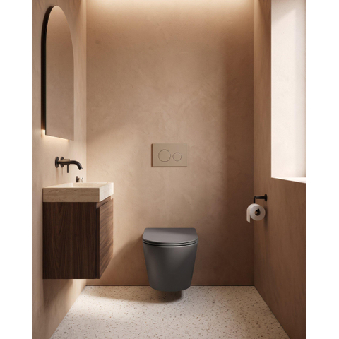 QeramiQ Dely Pack WC - 36,3x51,7cm - à fond creux - sans bride - réservoir encastré Geberit UP320 - abattant WC à fermeture douce - plaque de déclenchement taupe - boutons ronds - noir mat SW1164325