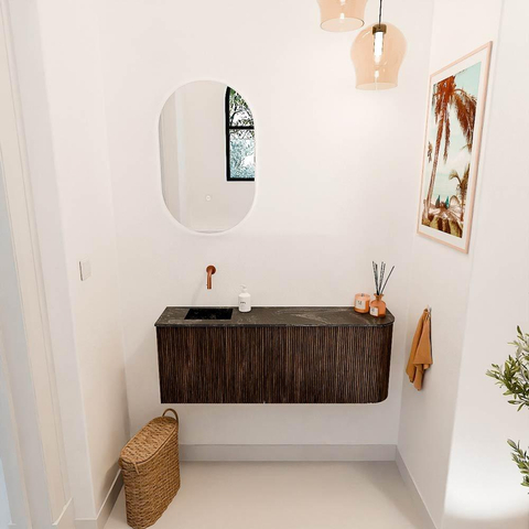 Mondiaz JOYA-DLUX Meuble de salle de bains 111.6cm - arrondi droit couleur Walnut - Vasque FAYE position Gauche Sans trou de robinet couleur Lava SW1422492