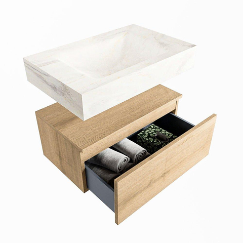 Mondiaz ALAN-DLUX Ensemble de meuble - 70cm - meuble Washed Oak mat - 1 tiroir - Lavabo Cloud Ostra suspendu - vasque Centre - 1 trou de robinet SW809063