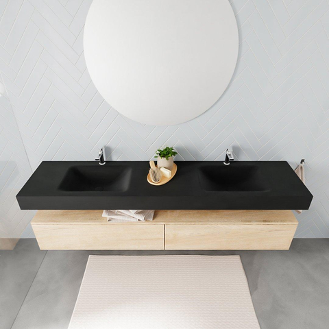 MONDIAZ ALAN 200cm - meuble bas - chêne blanchi - 2 tiroirs - lavabo suspendu - 2 vasques - 2 trous de robinet - urban SW408701