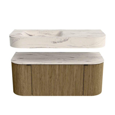 MONDIAZ THOR-DLUX 110cm badmeubel ronding links + rechts kleur Dusk met 1 lade en 2 deuren. Vrijhangende wastafel CLOUD Links zonder kraangat kleur Nata. SW1462959