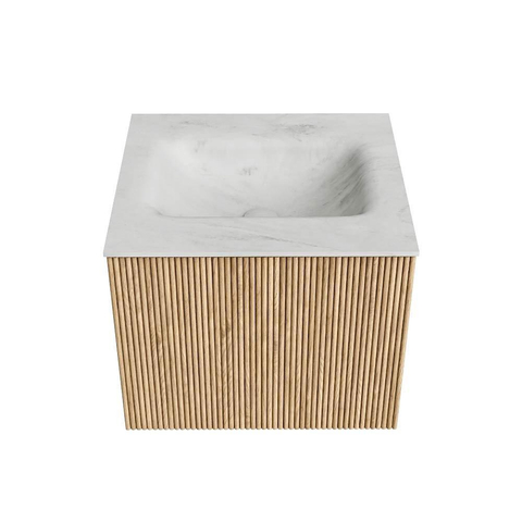 MONDIAZ KURVE-DLUX Meuble de salle de bains 50 cm couleur Oak avec 1 tiroir. Plan-vasque GRUNNE central sans trou de robinet couleur Opalo. SW1137501