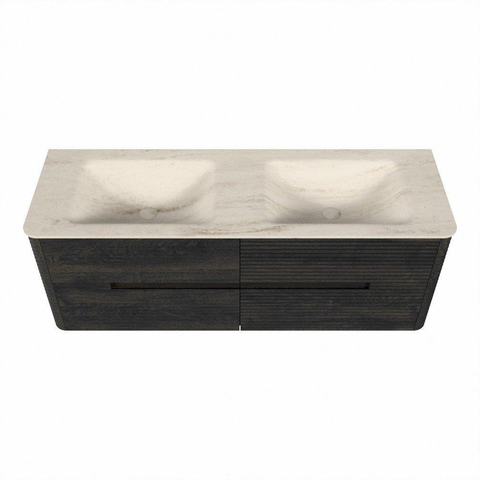 Mondiaz CIRO-DLUX Meuble de salle de bains - 140x45x50cm - Plan vasque Solid surface Meli - 2 lavabos Double - 2 trous de robinetterie - 4 tiroirs - Shadow SW1532517