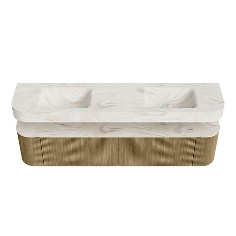 MONDIAZ THOR-DLUX 200cm meuble de salle de bains arrondi gauche + droite couleur Dusk avec 2 tiroirs et 2 portes. Vasque suspendue CLOUD Double sans trou de robinet couleur Ostra. SW1466858