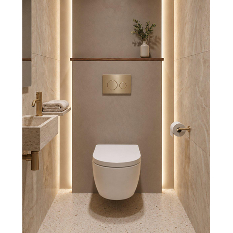 QeramiQ Dely Pack WC - 36,3x51,7cm - à fond creux - sans bride - réservoir encastré Geberit UP320 - abattant WC softclose 35 mm - plaque de déclenchement en laiton brossé - boutons ronds - blanc brillant SW1222079