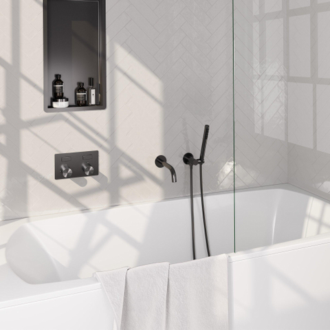 BRAUER Stripe Mitigeur thermostatique baignoire - boutons-poussoirs - SET 03 - encastré - bec - douchette à main barre - flexible de douche - coude mural - gunmetal brossé PVD SW1434990