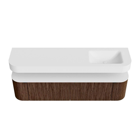MONDIAZ THOR 180cm badmeubel ronding links + rechts kleur Walnut met 2 lades en 2 deuren. Vrijhangende wastafel CLOUD Rechts zonder kraangat kleur Talc. SW1465914