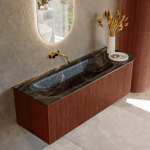 Mondiaz KURVE-DLUX Ensemble de meubles de salle de bains - 135x46x40cm - 1 tiroir - 1 porte - lavabo solid surface - gauche - sans trou de robinet - Ruby SW1416052