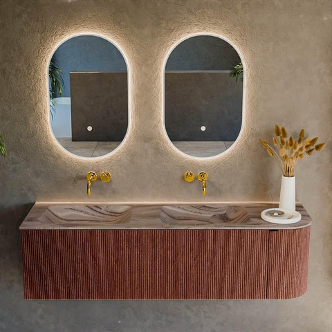 MONDIAZ KURVE-DLUX Meuble de salle de bains 155cm arrondi à droite couleur Ruby avec 2 tiroirs et 1 porte. Lavabo LEAF Double / Gauche sans trou de robinet Sombra. SW1433988