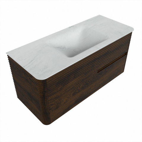 Mondiaz CIRO-DLUX Badkamermeubelset - 110x45x50cm - Solid surface wastafel Opalo - 1 wasbak Midden - zonder kraangaten - 2 lades - Walnut SW1530132