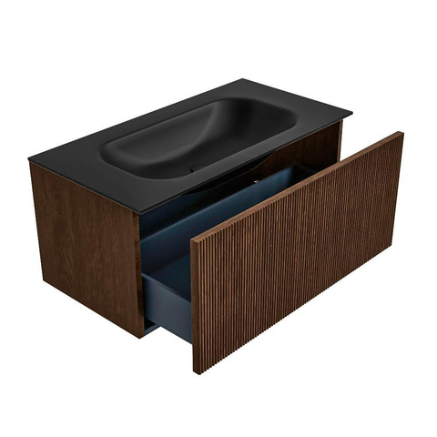 MONDIAZ KURVE Meuble de salle de bains 90cm couleur Walnut avec 1 tiroir. Lavabo BIG SMALL central 1 trou de robinet Urban. SW1138505