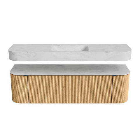 MONDIAZ THOR-DLUX 160cm badmeubel ronding links + rechts kleur Oak met 1 lade en 2 deuren. Vrijhangende wastafel CLOUD Midden zonder kraangat kleur Opalo. SW1464972