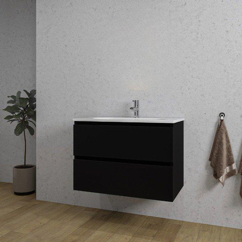 Saniclass Chaci Meuble de salle de bain - 80x45x55cm - lavabo en céramique brillant blanc - 1 vasque - 1 trou de robinet - 2 tiroirs - noir mat SW721297