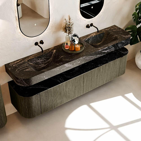 MONDIAZ THOR-DLUX 200cm meuble de salle de bains arrondi gauche + droite couleur Shadow avec 2 tiroirs et 2 portes. Vasque suspendue CLOUD Double sans trou de robinet couleur Lava. SW1467039