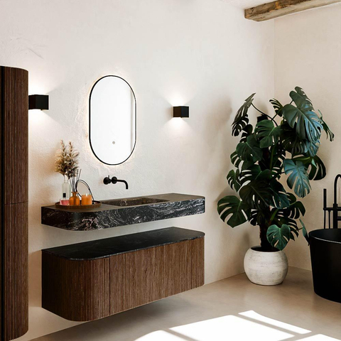 MONDIAZ THOR-DLUX 130cm meuble de salle de bains arrondi gauche + droite couleur Walnut avec 1 tiroir et 2 portes. Vasque suspendue CLOUD Milieu sans trou de robinet couleur Lava. SW1467653