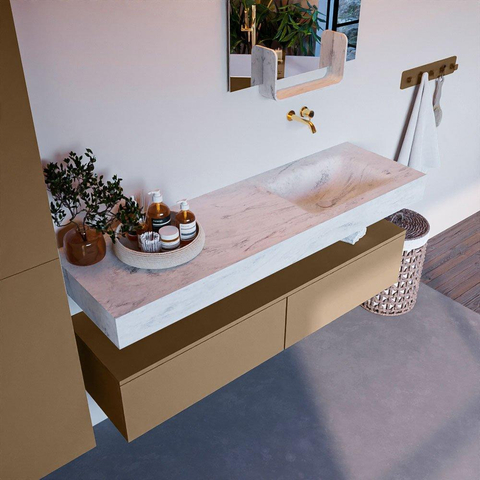 Mondiaz ALAN-DLUX Ensemble de meuble - 150cm - meuble Oro mat - 2 tiroirs - Lavabo Cloud Opalo suspendu - vasque Droite - 0 trous de robinet SW807010