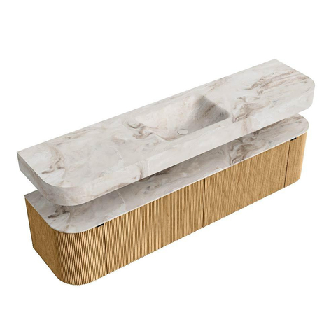 MONDIAZ THOR-DLUX Meuble de salle de bains - 190cm - arrondi gauche + droite - couleur Oak - 2 tiroirs et 2 portes - Vasque suspendue CLOUD Milieu sans trou de robinet - couleur Frappe SW1466356