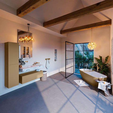 Mondiaz ALAN-DLUX Ensemble de meuble - 110cm - meuble Oro mat - 1 tiroir - Lavabo Cloud Glace suspendu - vasque Gauche - 0 trous de robinet SW806344