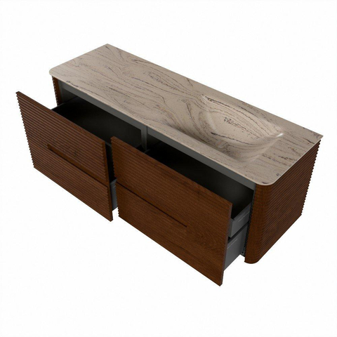 Mondiaz CIRO-DLUX Meuble de salle de bains - 140x45x50cm - Plan vasque solid surface Arena - 1 lavabo à droite - 1 trou de robinetterie - 4 tiroirs - Ruby SW1531711