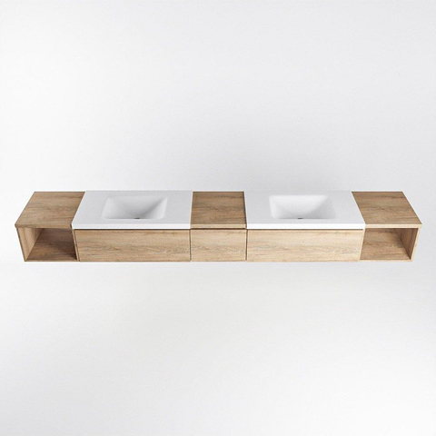 MONDIAZ BUKLA 280cm ensemble de meuble avec module ouvert 40 L+R couleur Chêne blanchi avec 3 tiroirs. Lavabo CLOUD double 0 trou de robinet couleur Talc. SW1382292