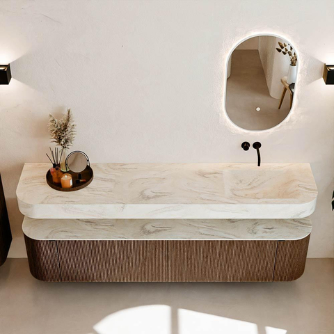 MONDIAZ THOR-DLUX 200cm meuble de salle de bains arrondi gauche + droite couleur Walnut avec 2 tiroirs et 2 portes. Vasque suspendue CLOUD droite sans trou de robinet couleur Ostra. SW1466830