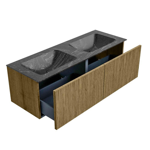 Mondiaz KURVE-DLUX Badkamermeubelset - 130x46x40cm - 2 lade - wastafel solid surface - dubbel - zonder kraangat - Dusk SW1415548