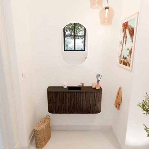 Mondiaz JOYA 93.2cm toiletmeubel - ronding links en rechts kleur Walnut - Wastafel FAYE positie Midden 1 kraangat kleur Urban. SW1421379