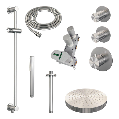 BRAUER Stripe Douche de tête thermostatique encastrée - SET 09 - pomme de douche 25cm - bras plafond - douchette à main avec barre coulissante intégrée - flexible de douche - finition PVD brossée couleur inox SW1435071