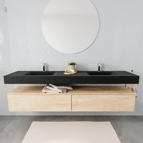 MONDIAZ ALAN 200cm - meuble bas - chêne blanchi - 2 tiroirs - lavabo suspendu - 2 vasques - 2 trous de robinet - urban SW408701